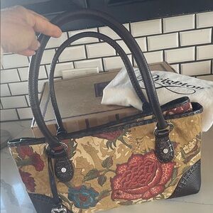 RARE Brighton Tan Floral Tapestry Shoulder Bag with Red & Teal Flowers